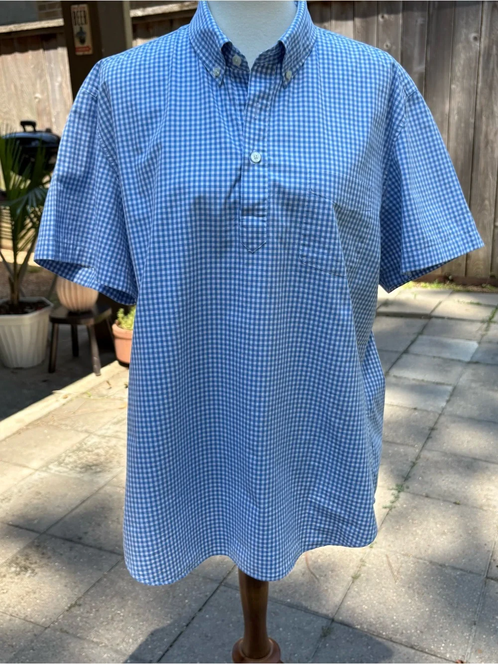 Classic Men's Blue Gingham Popover Button-Down Shirt